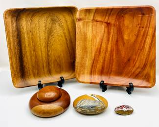 Set of Monkey Pod and Kamani Wood Trays from Hawaii- Plus Wooden Round Vessel with lid and more...