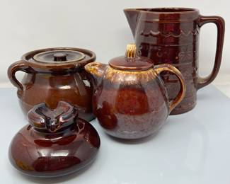 Marcrest Daisy & Dot Pitcher, Hull drip glaze teapot, Stone Ware Crock, and Ceramic Insulator
