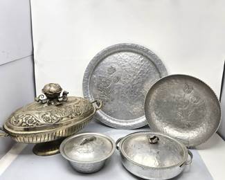 Vintage Rodney Kent Hand-Wrought Hammered Aluminum Serving Set- Plus a Vintage Footed Serving Terrine