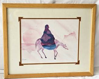 - J.C. Madden Native American Woman On Horse Watercolor Drawing Lithograph Print - Signed