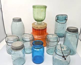 Assorted Early 1900's Ball, Mason, and Atlas Canning Jars Plus Other Vtg Glassware