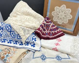Lot #190 - Vintage Textile Collection including Hand-Crocheted Lace Queen Blanket
