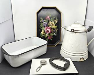 Lot of Tin Kitchen Enamelware Plus Hand Painted Toleware Tray and Cast Iron Iron Stand