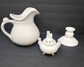 Set of Three White Porcelain Pieces - Heavy White Water Pitcher - Tri-Leg Foo Dog Incense Burner from Japan