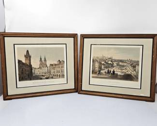 Set of Two Framed 19th-century Central European lithographic cityscapes - Hand Colored Lithographs - Prague