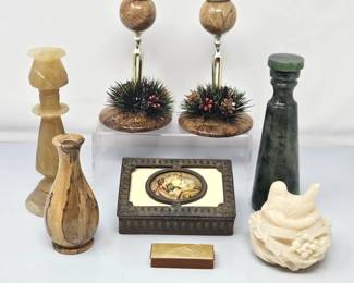 Vintage Decorative Items Auction Lot: Polished Wood, Marble, Myrtlewood, Bone, and More!