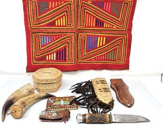 Lot #12 - Assorted Arts and Crafts from Various Native American Tribes and Regions Including Carved Knife & Two Powder Horns