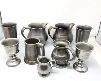 Lot #23 - Set of 9 Pewter Pieces Mostly Made in the USA. Two Water Pitchers, Steins, Goblets & Smaller Pitchers