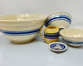 Antique Set of Blue Striped Crock Stoneware Bowls and a Small Art Piece by Pablo Tello