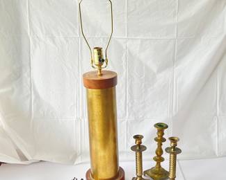 Mid Century Modern Brass Cylinder Lamp and 3 Brass Candle Sticks