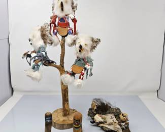 Lot #2 - Owl Family Tree - Kachinas in a Tree by "L. Joe" 18"T Plus two small Carved Hopi Girls - Native American