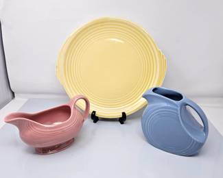 Homer Laughlin Fiesta Ware Blue Pitcher and Pink Gravy Boat, plus Matching Yellow Serving Platter by Edwin Knowles
