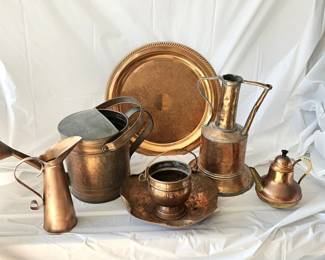 Vintage Copperware Set- watering can, pitcher, bucket, and various decorative bowls