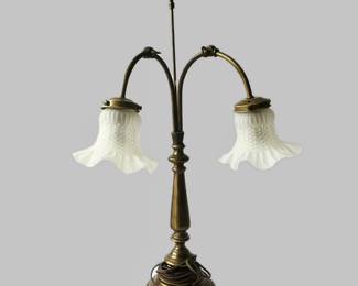 Vintage Adjustable Brass Gooseneck Desk/Table Lamp- Art Nouveau Style w/ White Lilly Glass Shades and two Branches ~ Beautiful!