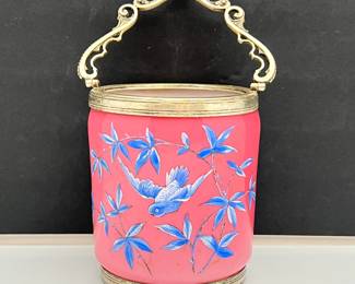 Lot #163 - Antique Pink Opaline Glass Barrel / Biscuit Jar w/ Hand Painted Sparrow and Sterling Plated Rims & Handle