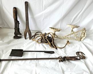 Assorted Old Cast Iron Tools and Pretty White Painted Cast Iron Wall Double Plant Holder