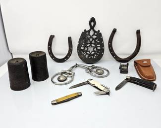 Assorted Items: Cast Iron Clock Weights, Horseshoes, Pocket Knives, Wilton Trivet & Western Style Horse Bit!