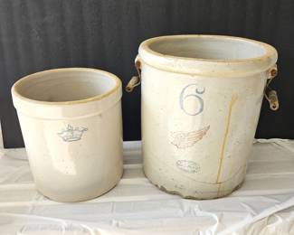Lot of Two Vintage Crocks, Large 6 Gallon Red Wing with Handles and One 3 Gallon w/ Crown Emblem