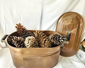 Fun Oversized Vintage Copper Lidded Tub filled with Oversized Pine Cones!