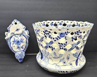 Delft Blue Large Ceramic Lattice Planter 10"T x 12"W plus Ceramic Wall Planter 11"Tall