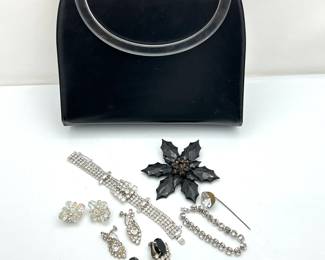 Lot #197 - Vintage Rhinestone Jewelry Lot with Black/Floral Handbag