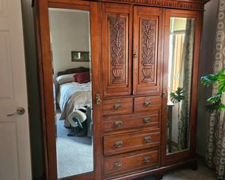 Late 19th Century Victorian Era Solid Wood Wardrobe with Mirrored Doors and lots of Inner Storage