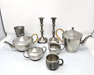 Lot #22 - Art Deco Pewter Tea Set, Candlesticks and Cups - From Denmark and Norway - 8pc