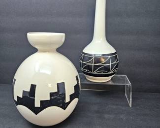 Two handmade Native American pottery vases from the Ute Mountain Ute Tribe, located in Towaoc, Col