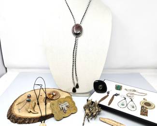 Lot of Western Style Jewelry: Belt Buckle, Bolo Tie, Rings, Earrings and More