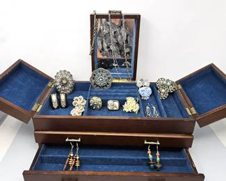 Jewelry Box Filled with Assorted Earrings, Brooches, Necklaces, Collar Pins & More~