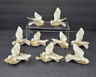 Set of 9 Christmas Ornaments from the Mid Century - Porcelain Iridescent Doves