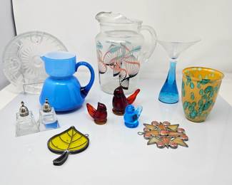 Lot of Vintage and MCM Colorful Glass Pieces, Stained Glass Art and More