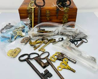 Treasure Chest with Antique French Keys, Furniture Keys, 19th C Padlock, Skeleton Keys, Clock Keys, Barrel Keys and more! All sizes, cast Iron, Brass ….