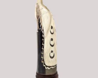 Lot #17 - Carved Horn Sculpture of a Peacock with Glass Eye & Flowing Feathers on a Carved Wood Base Ornamental Folk Art 13"Tall