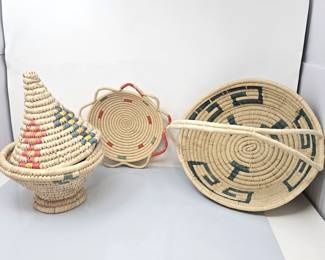 African Palm Grass Basket lot - One with Conical Lid, Plate, and Handled Basket