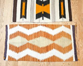 TOP) Hand Woven Wool Navajo Table Runner w/ Butterfly Motif: (Lower) Zapotec Hand Loomed and Dyed Rug