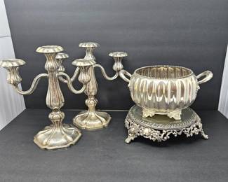 Set of Sterling Plated Items - Candelabras, Serving Tureen, and Pairpoint Mirror Plateau