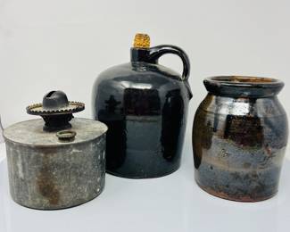 Antique Brown Salt Glazed Whiskey Jug, Brown Stoneware Preserve Snuff Jar (No Lid) and Galvanized Oil Lamp