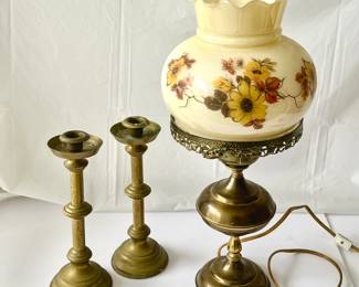 Vintage Glass Globe, 'Gone with the Wind' Style Hurricane Lamp w/ Set of Two Brass Candle Sticks