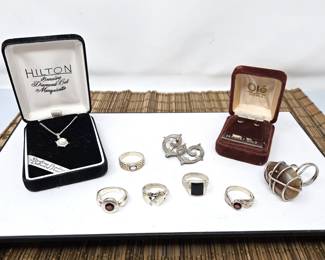 Assorted Sterling Silver Rings and a Sterling Brooch - Also Includes 14k Tiny Black Stud Earrings - New