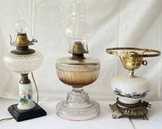 Three Vintage & Antique Glass Table Lamps- Electric & Oil, Queen Anne, Currier Ives, Greek Key