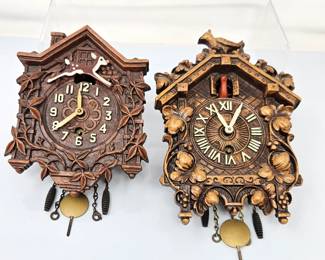 Lot #27 - Set of Two Mid Century Lux Brand (Waterbury, Conn) Small Cuckoo Clocks - Each about 6" Tall