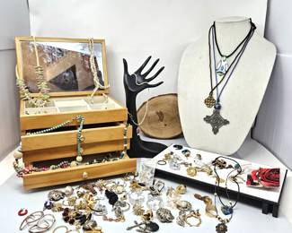- Large Lot of Assorted Costume Jewelry Including a small 4 Drawer Jewelry Box