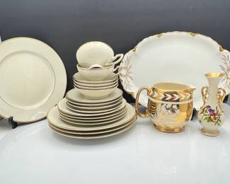 Lot #159 -Vintage Johann Haviland Bavaria Germany Set for 4, Thomas Bavaria Platter, Sadler Gold Luster Milk Jug- Sm. Vase