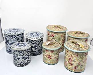 Vintage Blue and White Delft Metal Canisters Set and Holland Tin Set, Embossed Round Metal Floral Canisters
