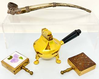 Burmese Silver & Clay Pipe with ASR Brass Ascot lighter & two Purse Ashtray