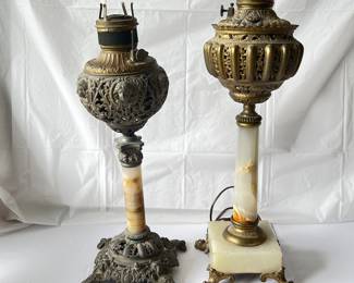 Antique Ornate Pair Of Converted Oil Lamps - Metal and Marble Detailing