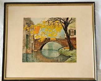 Original Art Signed by Artist - Framed and Ready to Hang - Bridge over Town River Scene