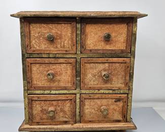 Antique Footed Spice Cabinet with Six Solid Wood Drawers and Brass Accents