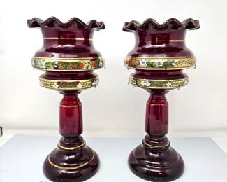 Antique Bohemian-style glass mantle lusters in Ruby Red Glass - 24 Hanging Crystals Included.